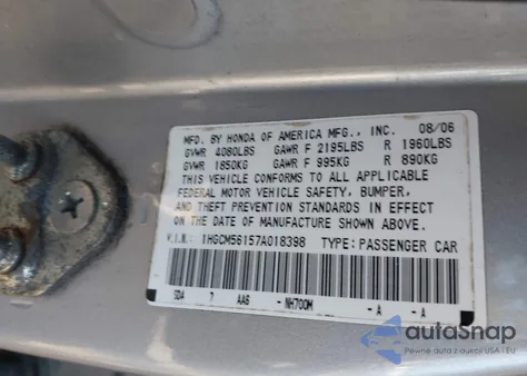 2007 Honda Accord 2.4 Vp из США, поврежденный, VIN 1HGCM56157A018398